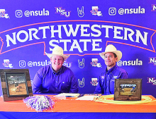 Braden Phillips, left, will compete with the NSU Rodeo Team. He signed this past week with Team Coach Cody DeMoss, right.