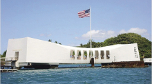 This photograph shows the front of the USS Arizona Memorial, located at Pearl Harbor on the island of Oahu in Hawaii.